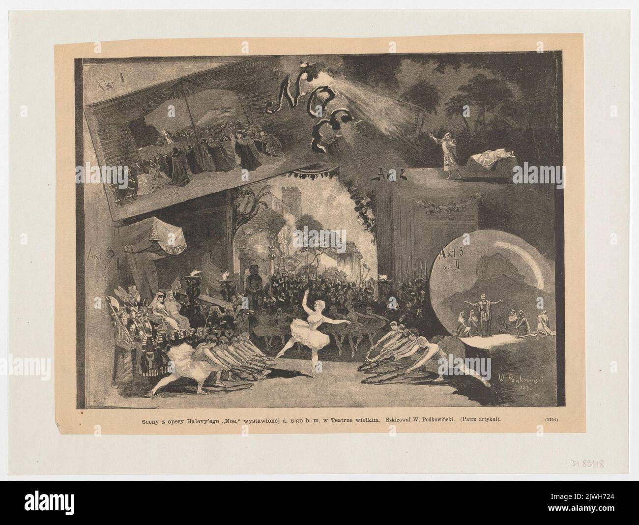 Reproduction of drawing: Władysław Podkowiński (1866-1895), Scenes from the opera by Fromental Halévy `Noe`, staged on February 2nd, 1887 at the Grand Theatre of Warsaw ; from: `Tygodnik Ilustrowany` 1887, no. 215 (February 12th), p. 109. Tygodnik Ilustrowany (Warszawa ; czasopismo ; 1859-1939), publisher Stock Photo